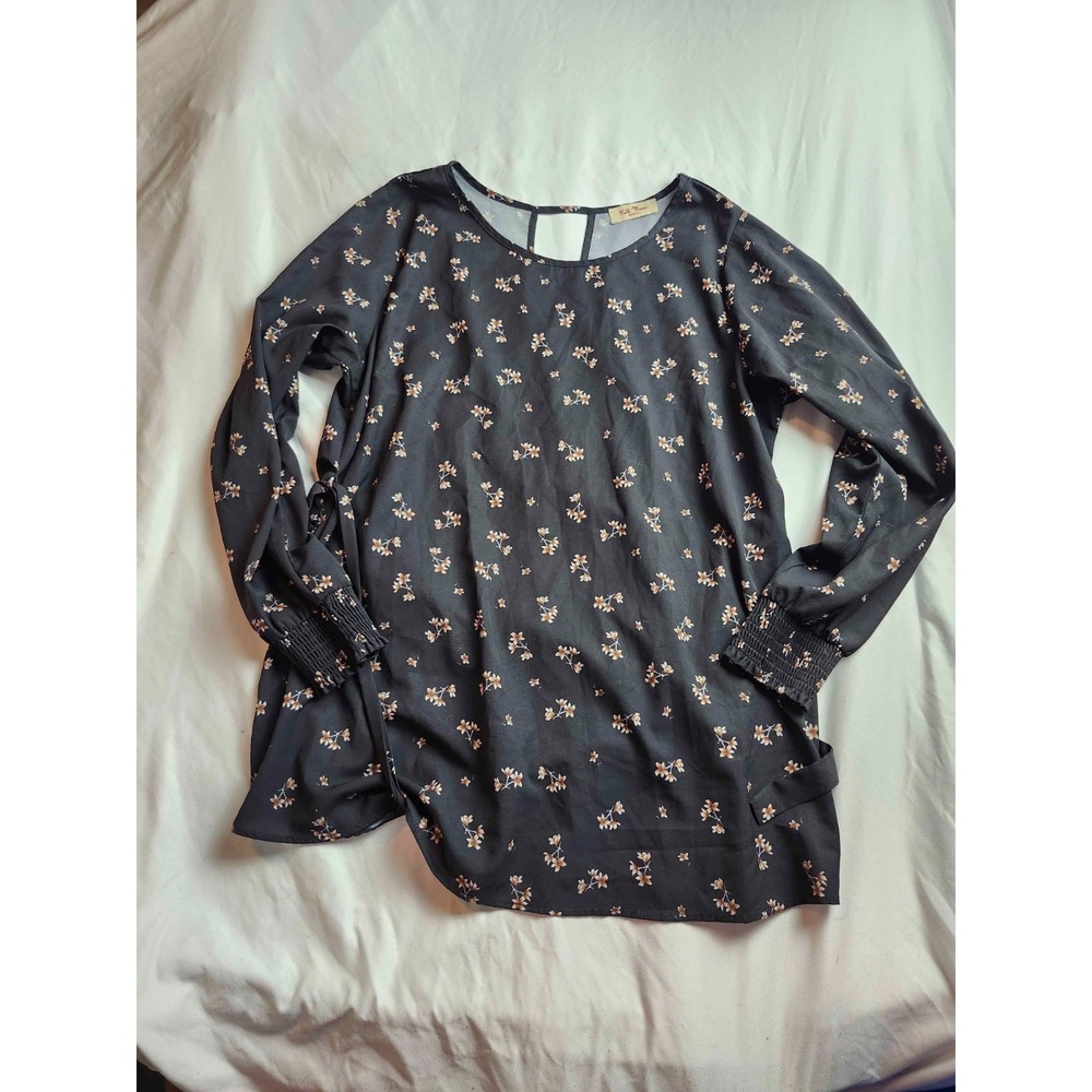 Full Moon Maternity‎ Blouse Top Womens Large Black Floral Tie Waist Pregnant